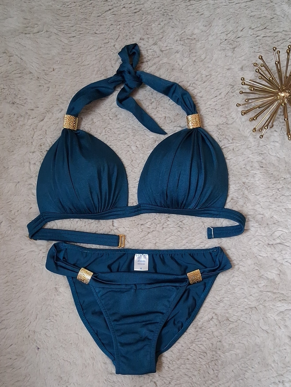 Venus Teal Blue And Gold Goddess Enhancer PushUp Bikini Set Top DD- Bottom Small - Picture 10 of 16